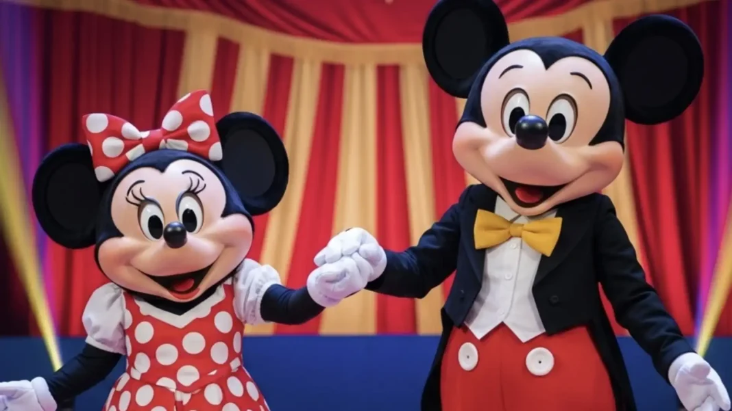 Mickey e Minnie Mouse em trajes de circo, segurando as mãos.