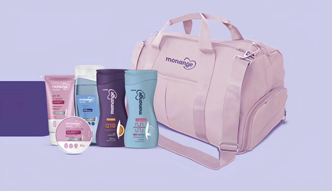 Uma variedade de produtos Monange e uma bolsa de ginástica rosa pastel, com o texto 