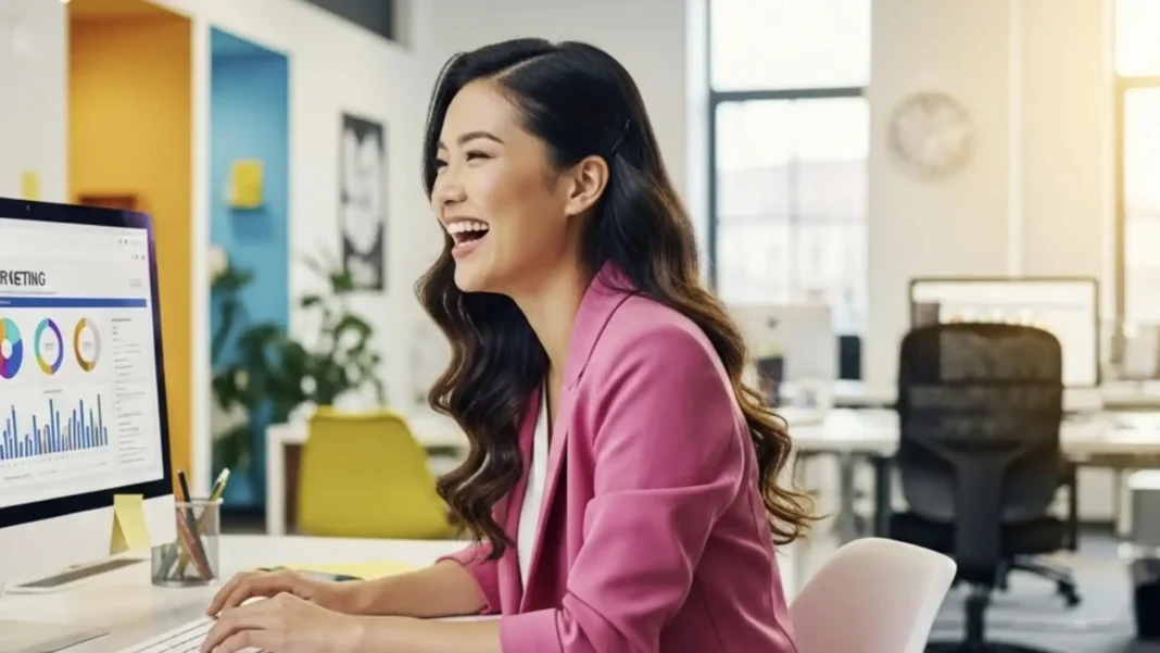 Uma mulher asiática sorridente e feliz, com cabelos escuros e longos, sentada em um escritório de marketing moderno e iluminado, trabalhando em um computador. Ela veste um blazer rosa vibrante e está rindo enquanto olha para a tela, que exibe gráficos e dados de marketing coloridos. O escritório tem um design contemporâneo, com grandes janelas que permitem a entrada de luz natural e toques de cores vivas na decoração.