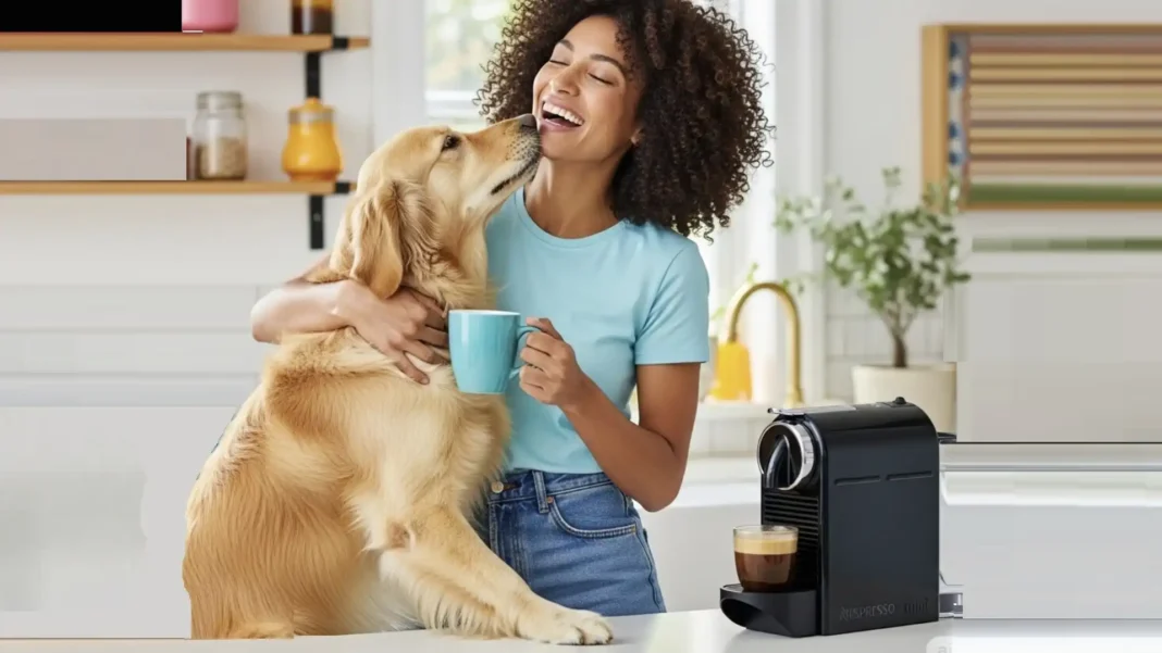 Mulher sorridente com cabelo cacheado abraça um golden retriever enquanto segura uma xícara de café, ao lado de uma máquina Nespresso.