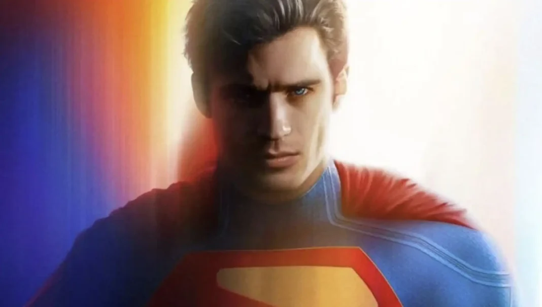 Superman com uniforme azul e vermelho e olhos brilhantes.