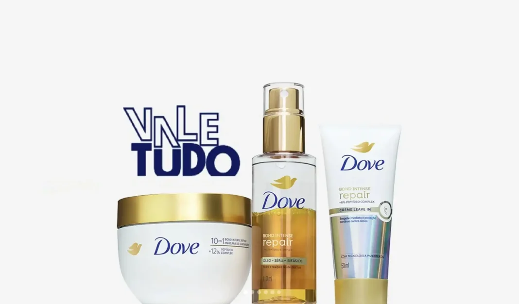 Três produtos Dove da linha Bond Intense Repair (máscara, óleo e creme leave-in) com a frase 