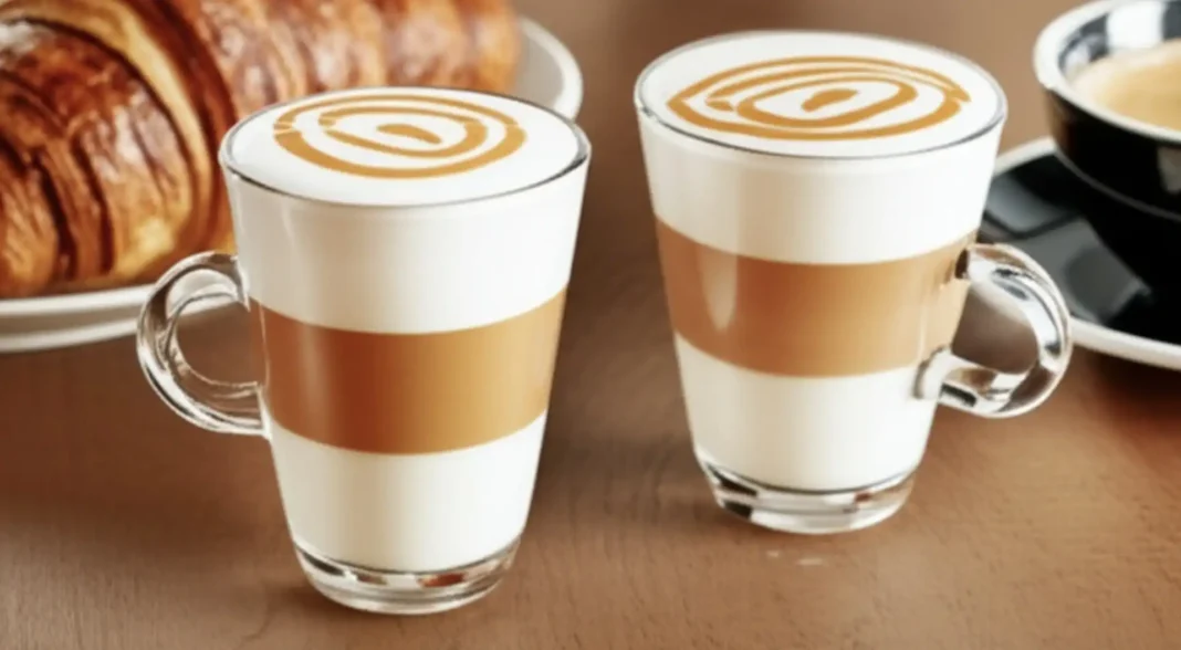 Esta imagem mostra duas bebidas de café com leite em camadas em copos de vidro transparentes com alças.