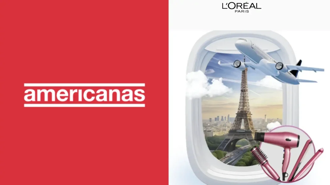 Logotipos da Americanas e L'Oréal Paris, com uma imagem de uma janela de avião mostrando a Torre Eiffel e um avião, e produtos para cabelo da L'Oréal.