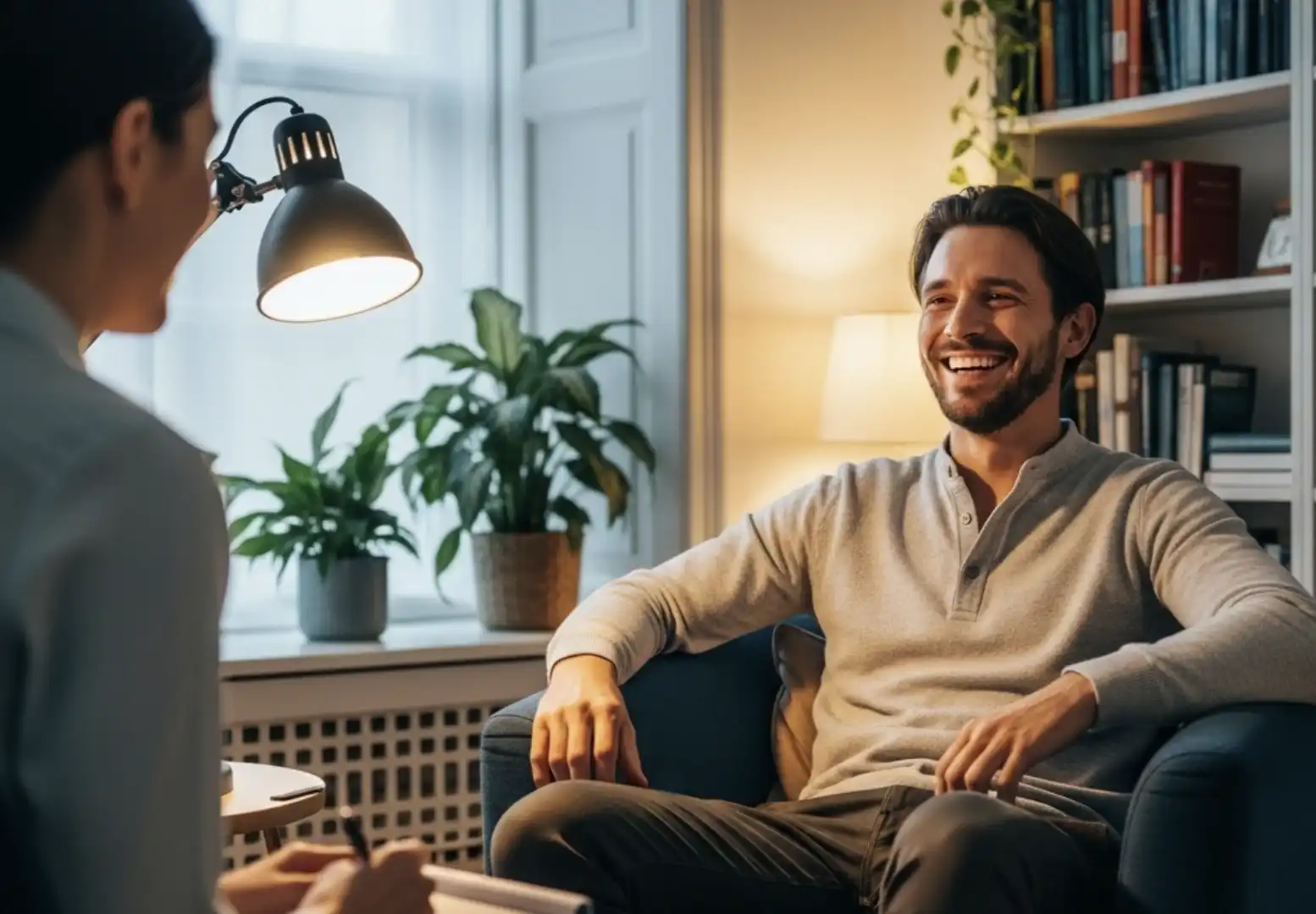 Um homem e uma mulher estão sentados em um consultório ou sala de estar.