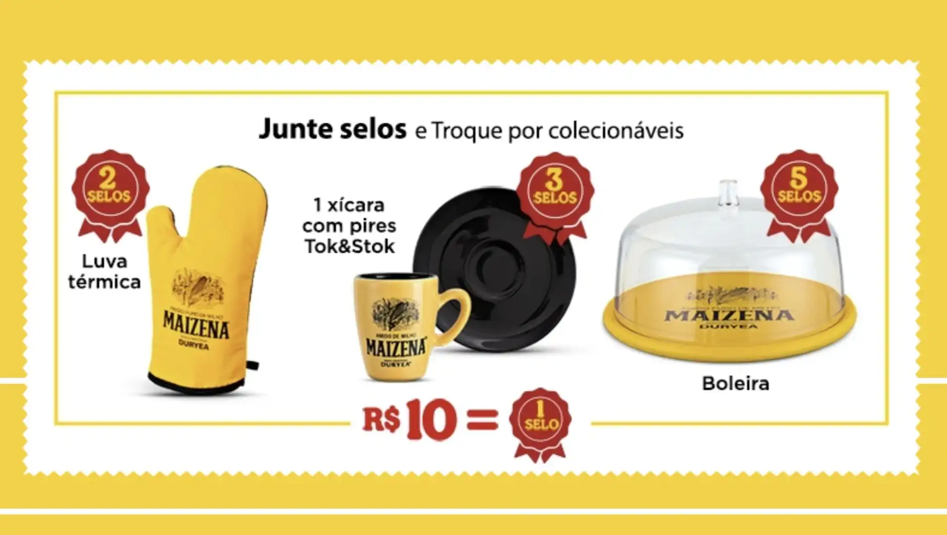 Promoção Maizena "Junte e Troque" por brindes: luva térmica, xícara com pires e boleira, cada um com uma quantidade de selos específica.