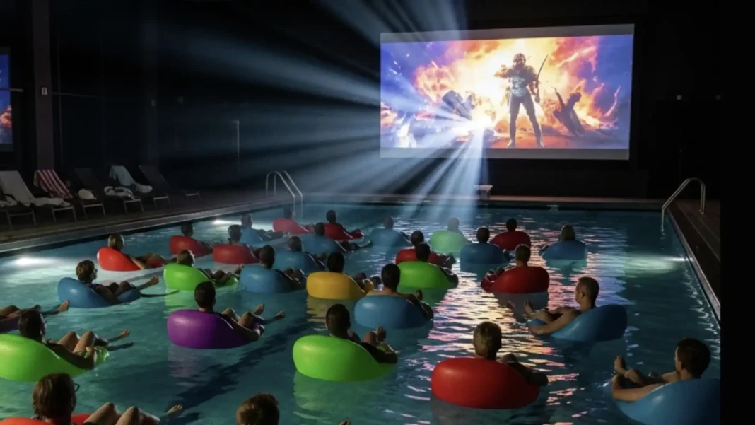 Uma piscina à noite com pessoas assistindo a um filme em boias coloridas.