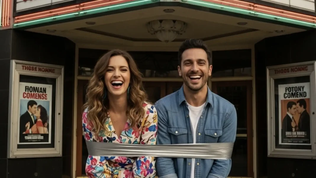 Uma fotografia de um homem e uma mulher sorrindo e amarrados com fita isolante em frente a um cinema.