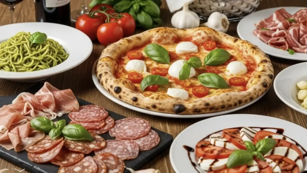 Banquete de comidas italianas com pizza, massa e frios.