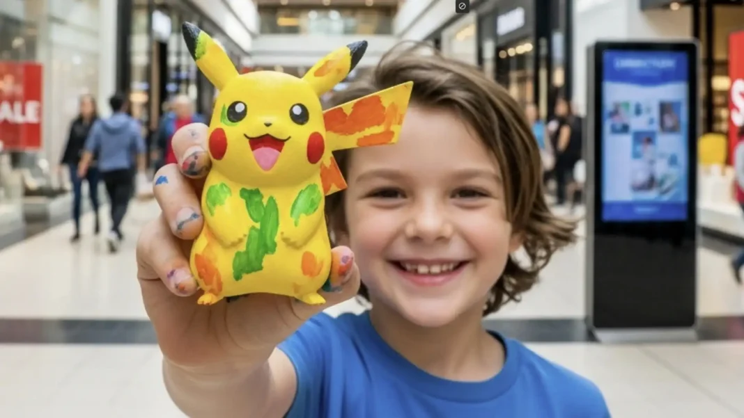 Uma criança feliz segurando uma miniatura do Pikachu pintada por ela mesma em um shopping.