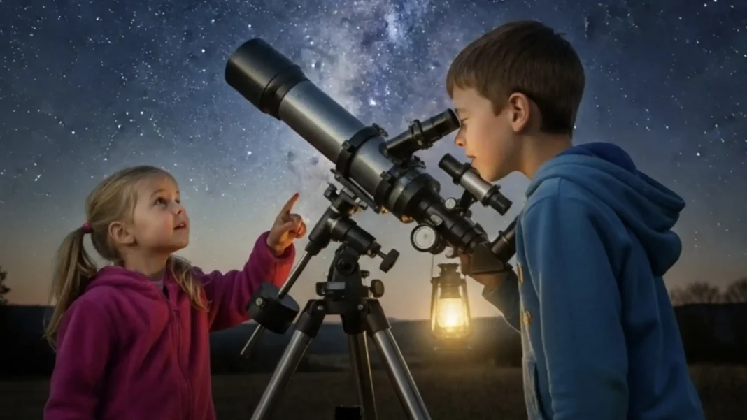 Uma fotografia de duas crianças a usar um telescópio para observar a Via Láctea e a lua num céu noturno estrelado.