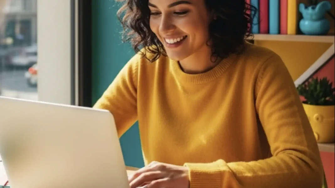 Mulher sorrindo, usando um suéter amarelo, trabalhando em um notebook.