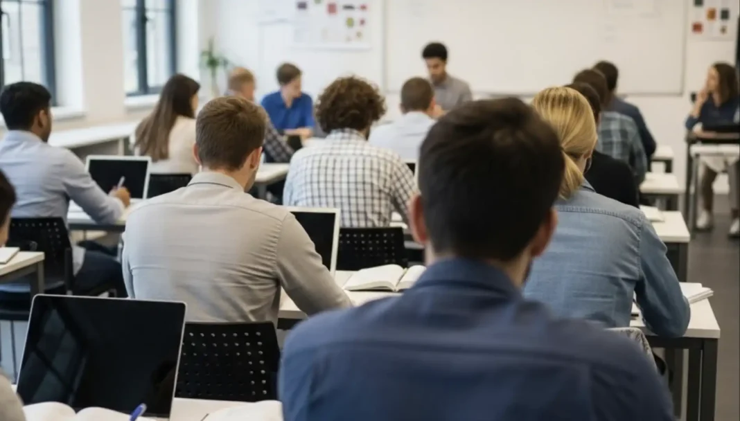 Uma sala de aula moderna com alunos adultos de costas para a câmera, alguns escrevendo em cadernos e outros olhando para a frente.