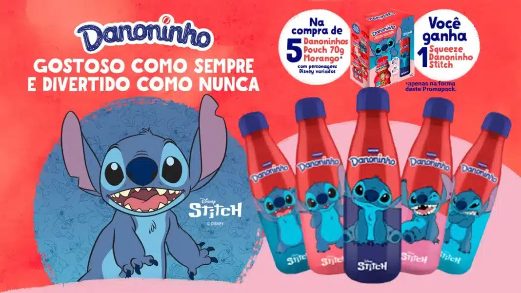 Um banner promocional de Danoninho e Disney, com o Stitch em destaque.