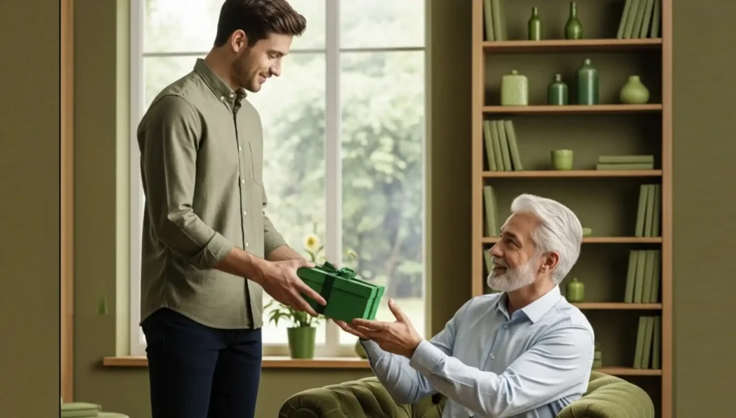 Um filho entrega uma caixa de presente verde ao seu pai, que está sentado em uma poltrona verde em uma sala com tons de verde.