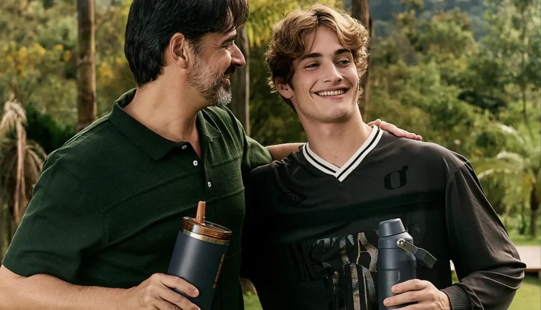 Um pai e um filho sorrindo e segurando garrafas térmicas em um ambiente externo.