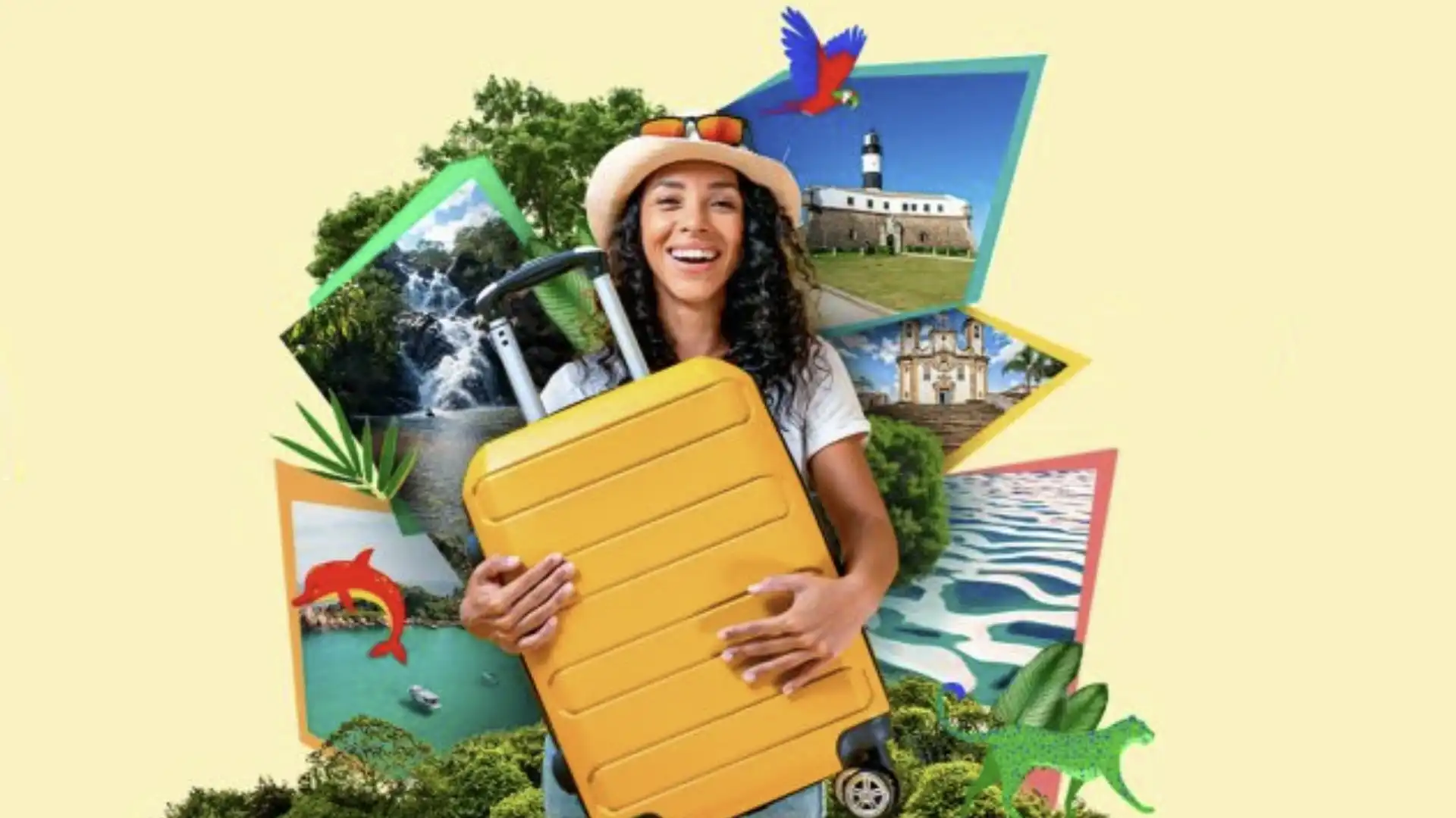Mulher sorridente com chapéu e óculos de sol abraça uma mala de viagem amarela, rodeada por fotos de paisagens e animais brasileiros.