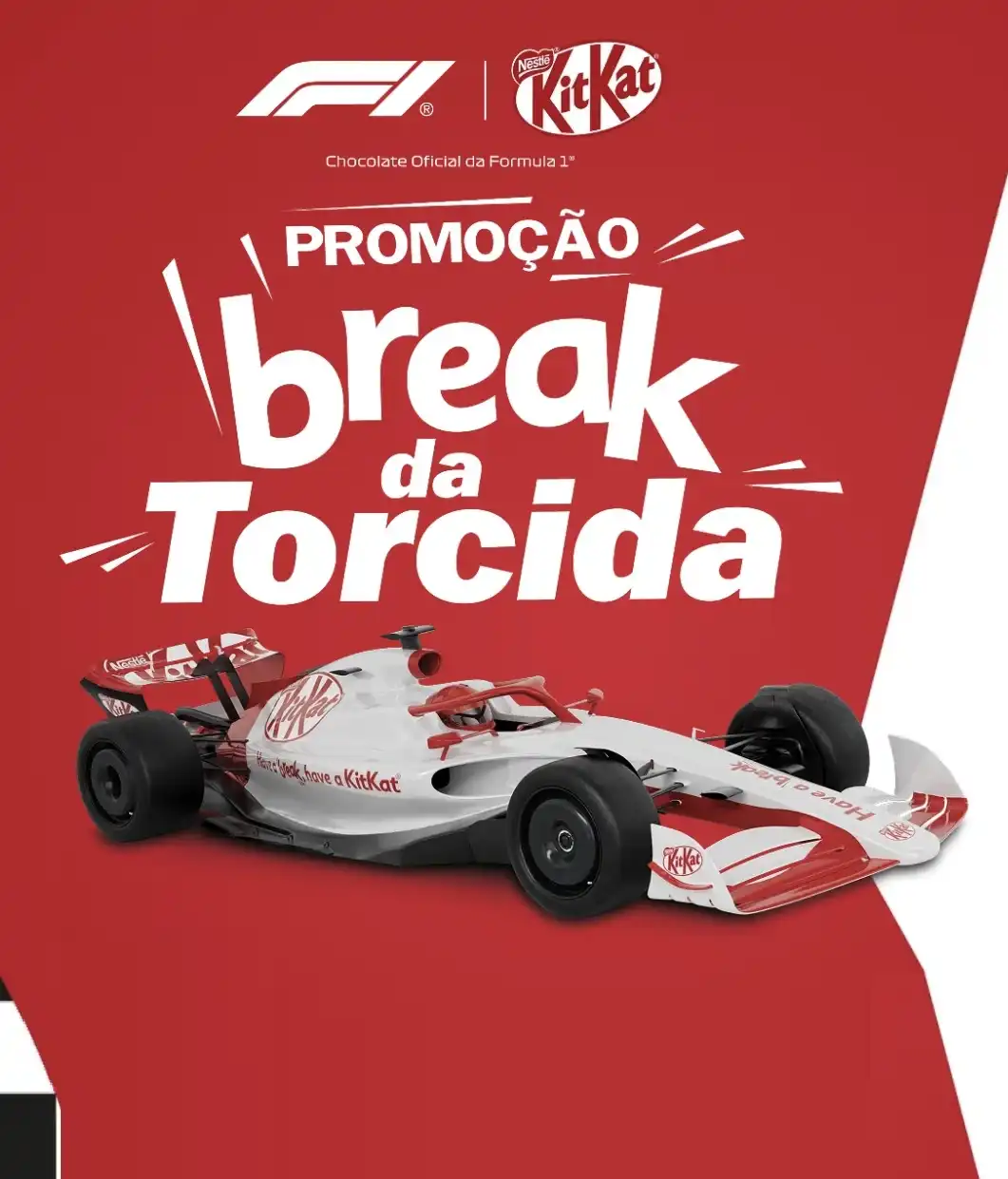Banner vermelho e branco da promoção "Break da Torcida" de KitKat e Fórmula 1, com um carro de corrida estilizado.