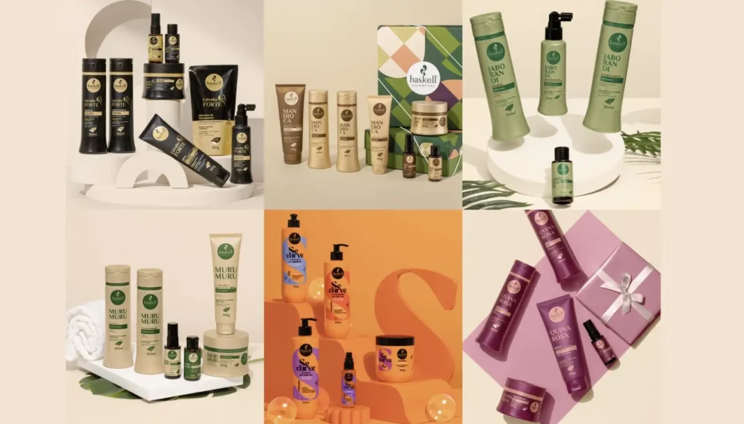 Um banner de marketing para a empresa de cosméticos Haskell, apresentando seis coleções de produtos para cabelo. Cada coleção é disposta em um painel retangular individual com um fundo e esquema de cores únicos.