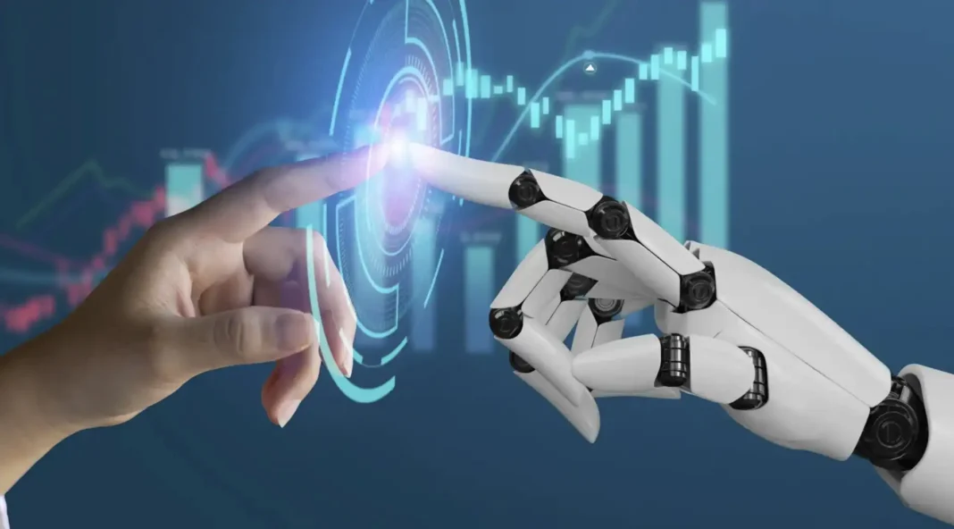Mão humana e mão robótica se tocando no meio de uma interface digital com gráficos de crescimento.