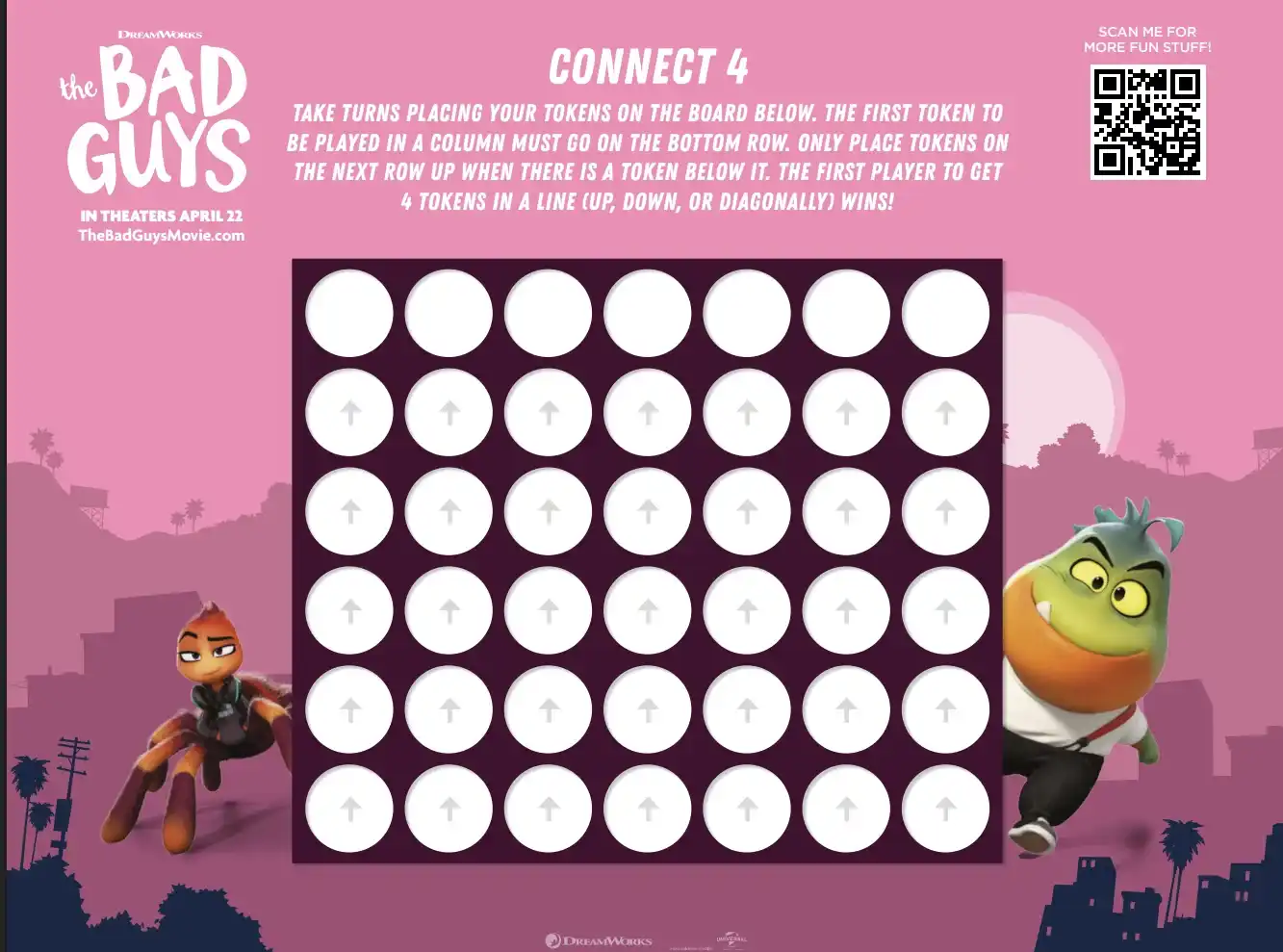 Jogo Connect 4 com o tema do filme 'Os Caras Malvados'.