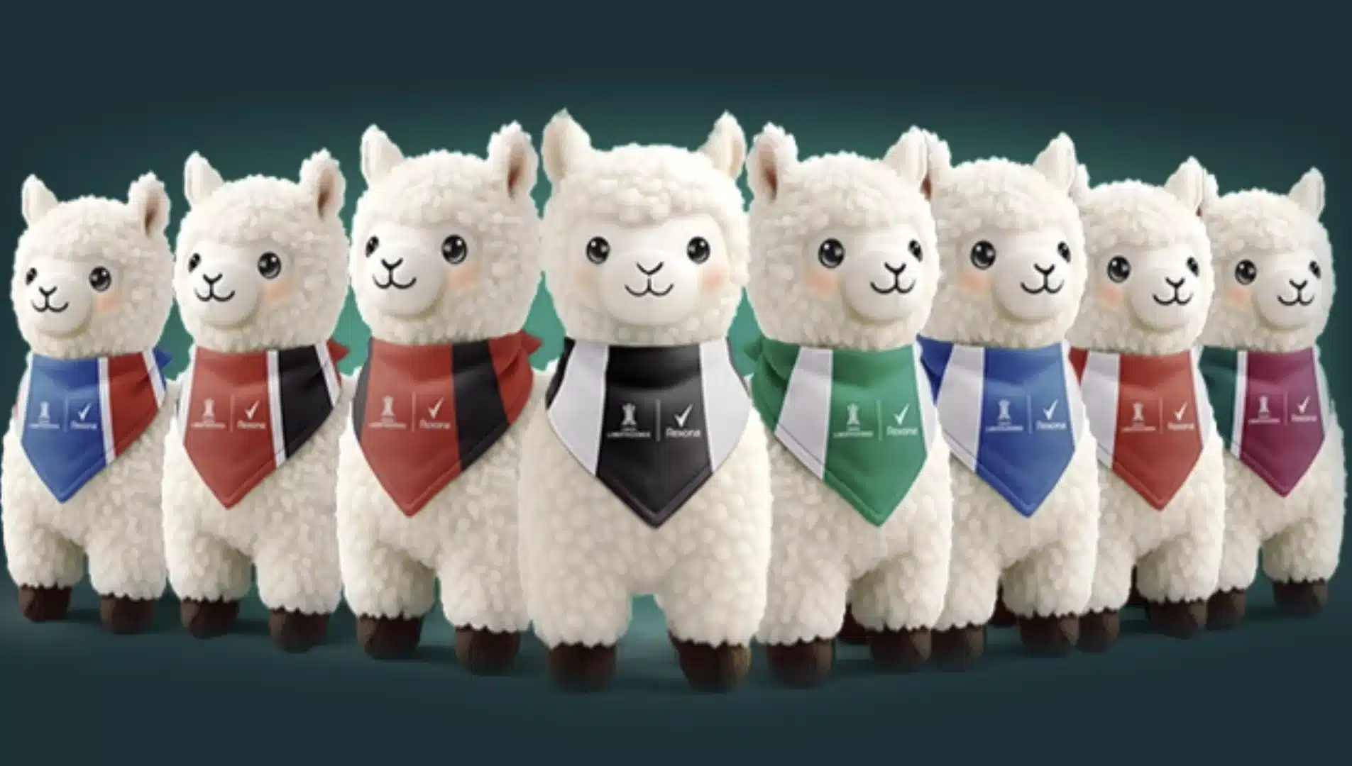 Fileira de bonecos de pelúcia de lhama da campanha Rexona.