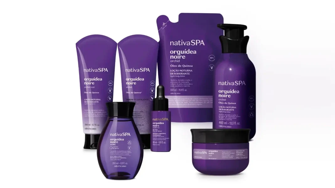 Uma coleção de produtos de beleza roxos da linha Nativa SPA Orquídea Noire de O Boticário.