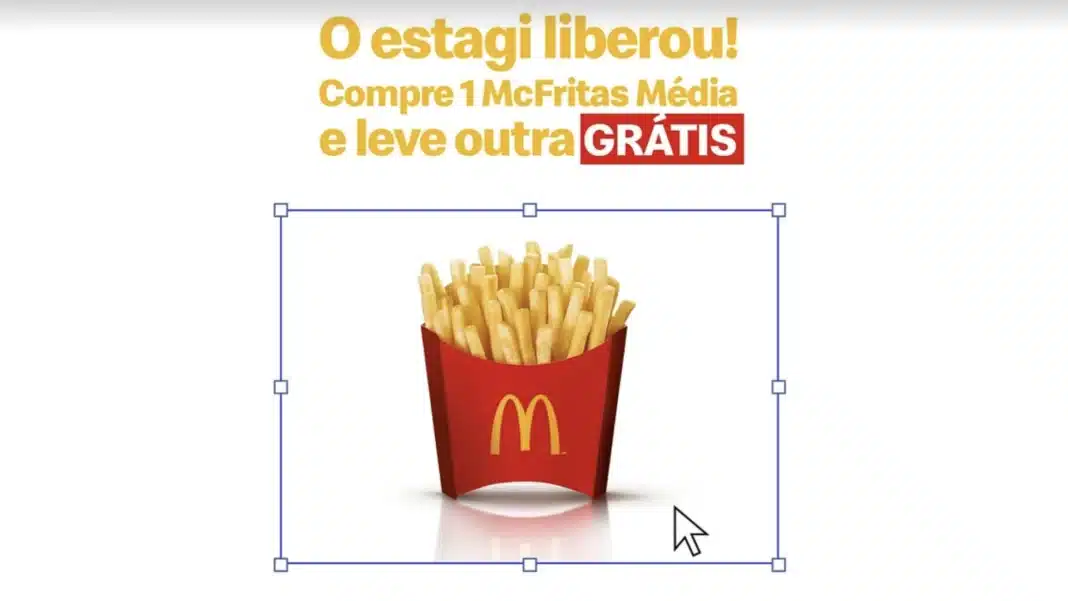 A caixa vermelha do McDonald's com batatas fritas douradas é o foco central, anunciando a promoção 