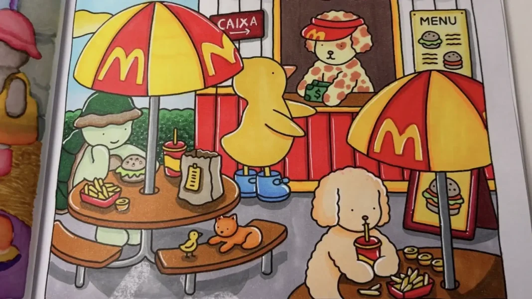 Desenho infantil de animais antropomórficos comendo em um McDonald's.