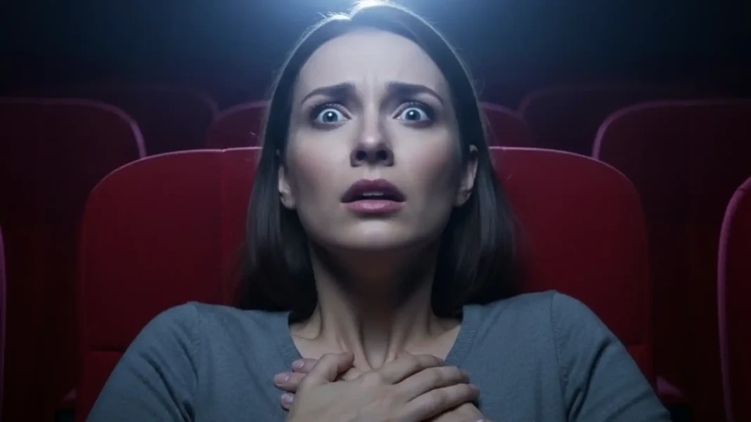 Uma mulher de cabelos castanhos e olhos arregalados, com as mãos no peito, parece assustada enquanto assiste a um filme de terror em um cinema escuro. A luz da tela ilumina seu rosto. Ela está sentada em uma poltrona vermelha e outras poltronas vazias são visíveis ao seu redor.