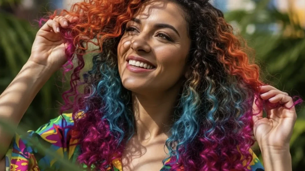 Mulher sorrindo com cabelo cacheado multicolorido, usando blusa estampada em ambiente tropical.