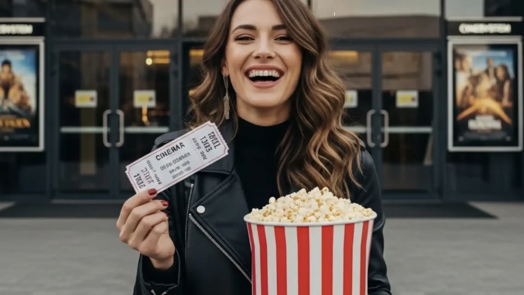 Mulher sorrindo, segurando ingressos de cinema e um balde grande de pipoca em frente a um cinema.