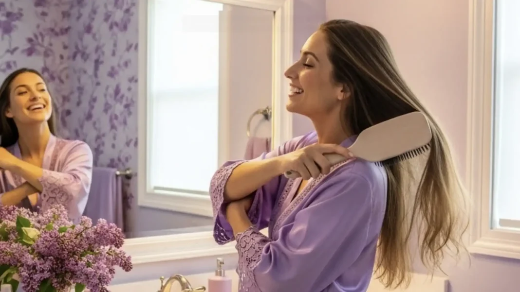 Uma mulher feliz, de cabelo castanho comprido e liso, sorri enquanto escova o cabelo num banheiro com tons de lilás.