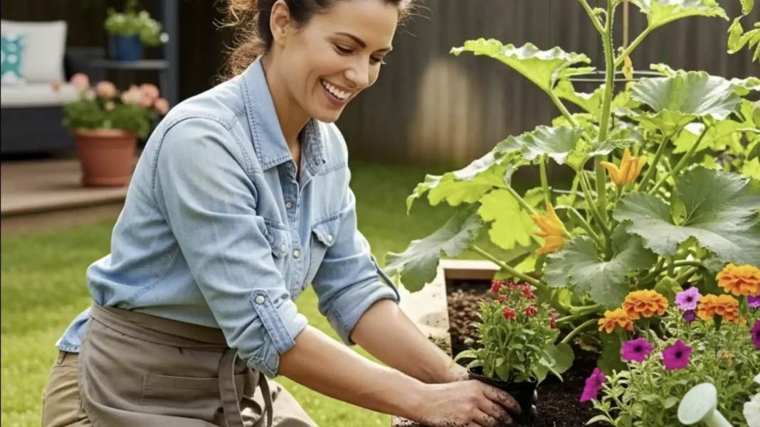 Mulher sorrindo, plantando flores em um jardim.