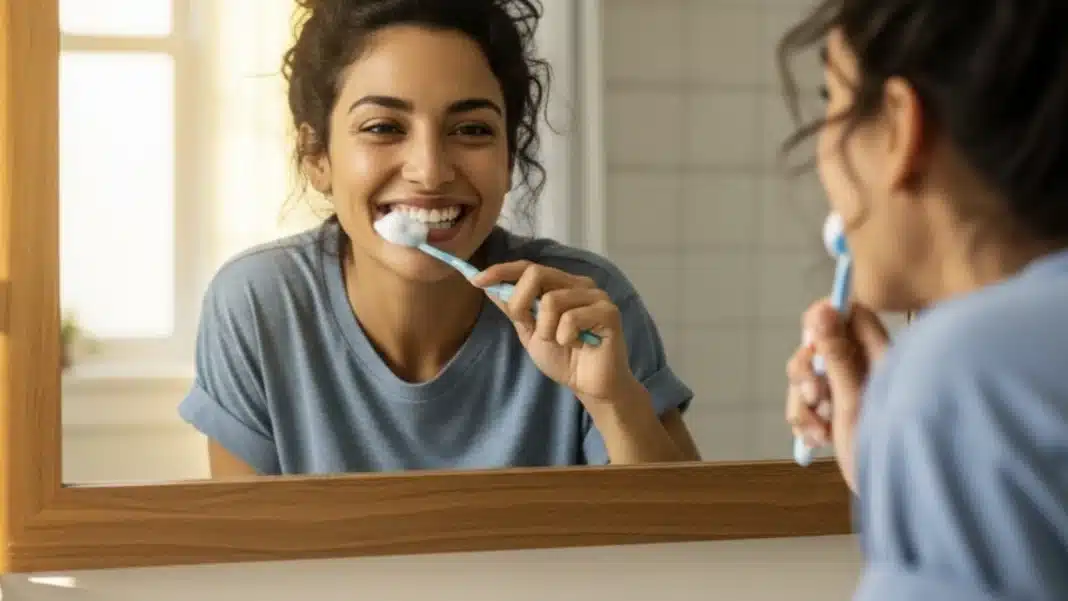 Uma mulher feliz escovando os dentes e se olhando no espelho.