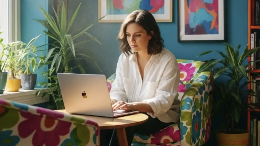 Mulher trabalhando em um notebook em um ambiente colorido.