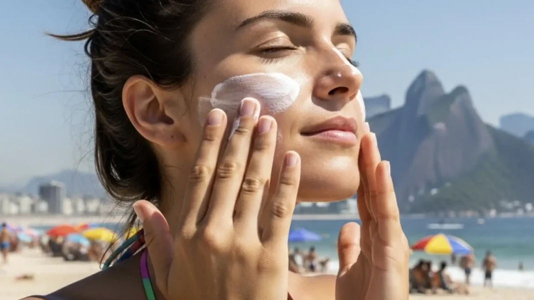 Uma mulher está aplicando protetor solar no rosto na praia do Rio de Janeiro, com as montanhas Dois Irmãos ao fundo.