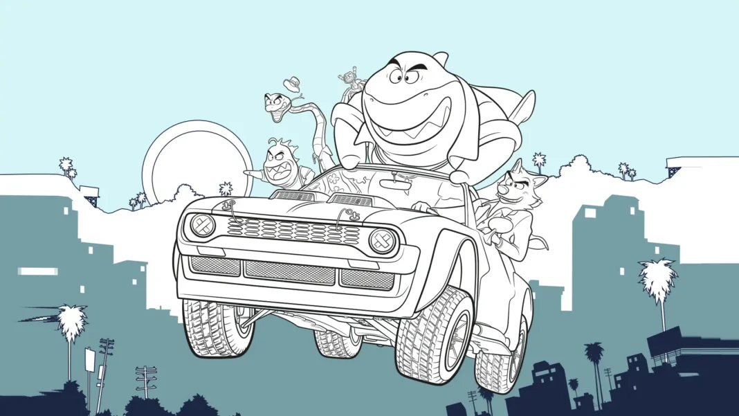 Desenho para colorir de 'Os Caras Malvados' no carro.