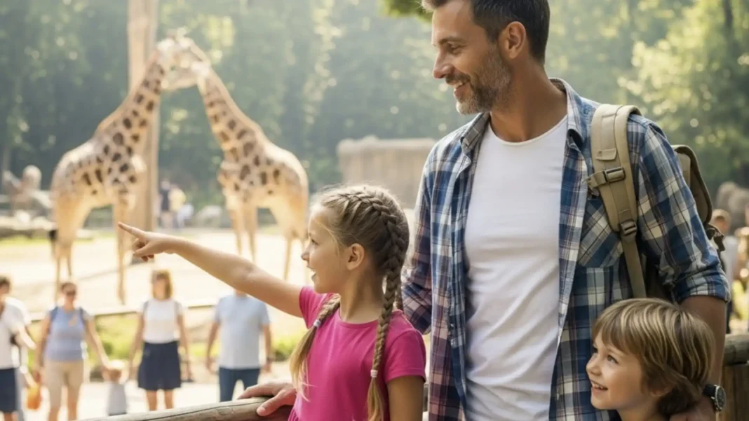 m pai e seus dois filhos, uma menina e um menino, observam girafas em um zoológico ensolarado. A menina aponta para as girafas.