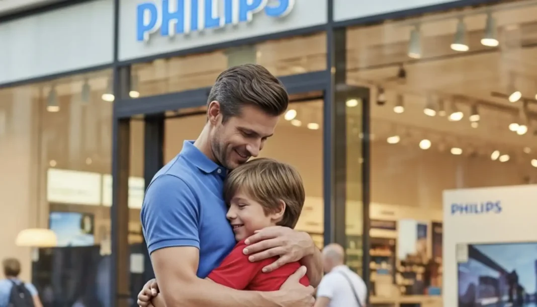 Pai e filho se abraçam em frente a uma loja da Philips