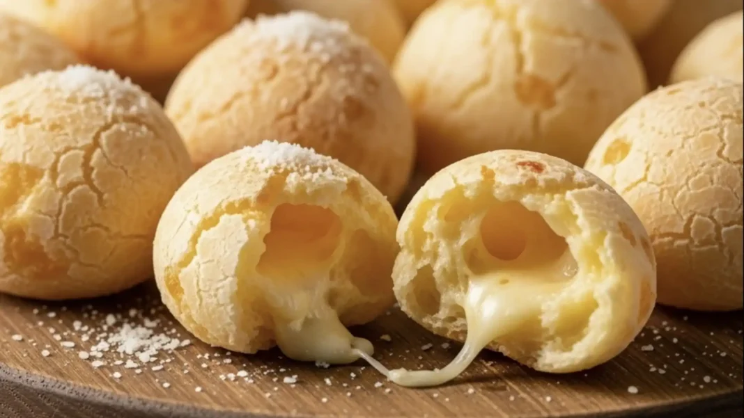 Vários pães de queijo em uma tábua de madeira.