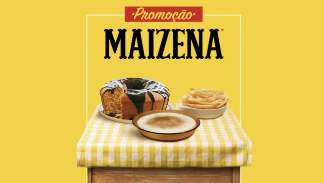 Promoção Maizena com bolo, batata frita e mingau em uma mesa de piquenique.