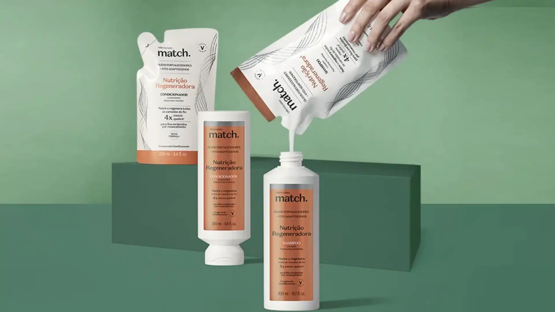 Imagem de produtos da linha Match Nutrição Regeneradora do Boticário.