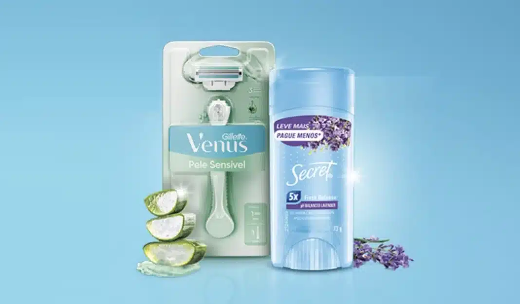 Lâmina Gillette Venus Pele Sensível e desodorante Secret Lavanda.