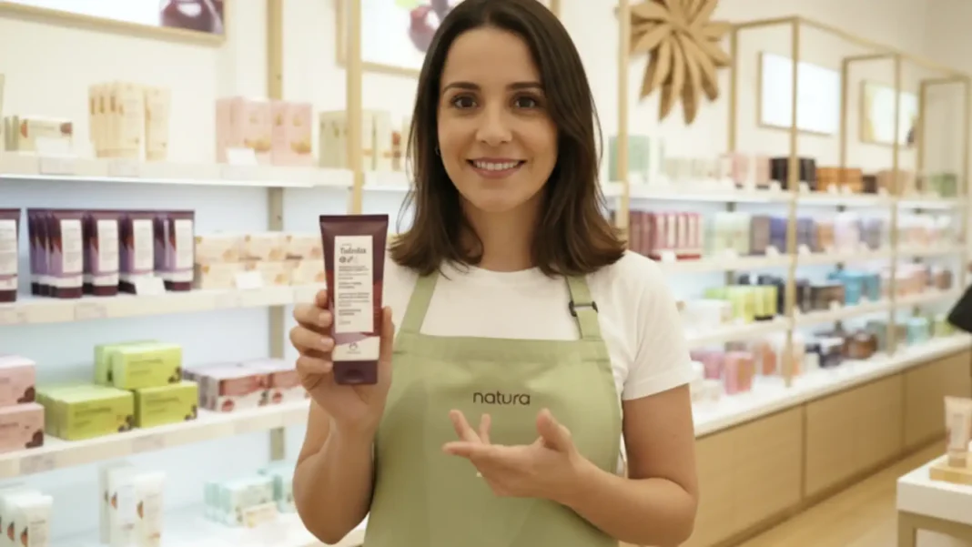 Uma mulher de avental verde com o logo da Natura sorri enquanto segura um tubo de creme roxo da linha Tododia. Ela está em uma loja clara e organizada da Natura, com prateleiras cheias de produtos ao fundo.