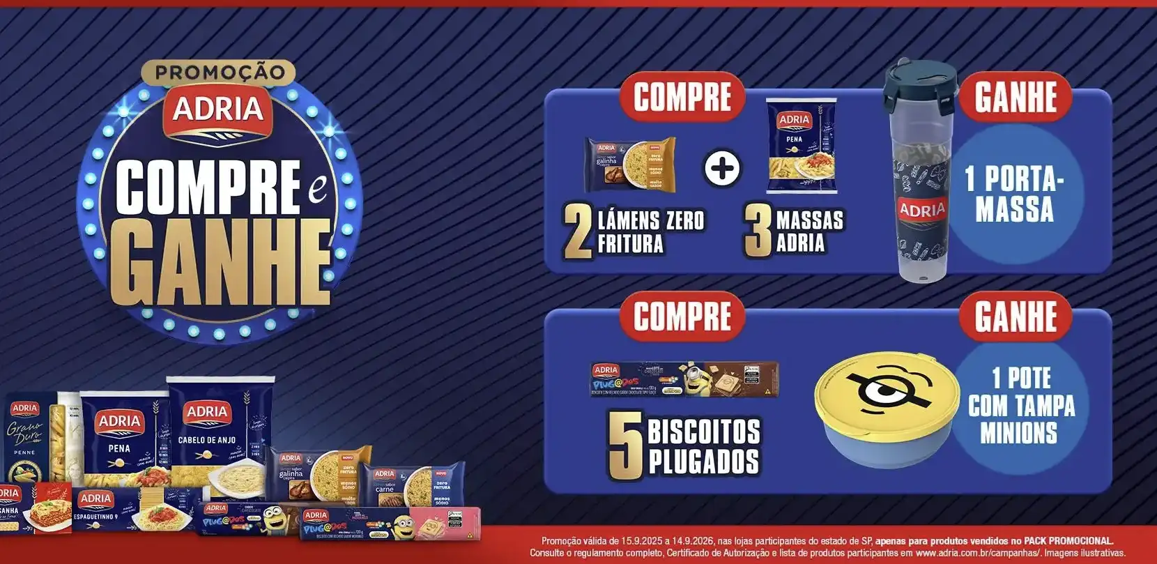 Um banner publicitário da Adria com fundo azul escuro e um destaque de holofotes e estrelas. O banner promove a campanha "Compre e Ganhe".