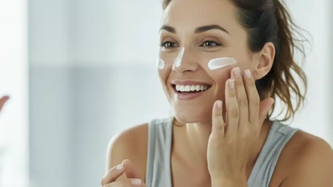 Mulher feliz e sorridente aplicando creme branco no rosto.