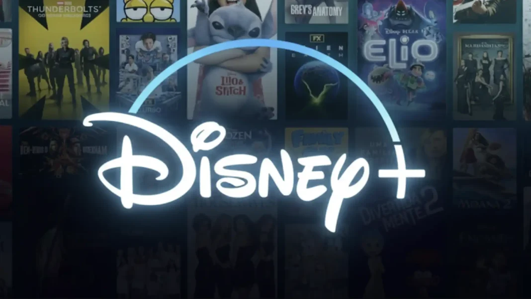 Logo da Disney+ em neon branco sobre um fundo de thumbnails de filmes e séries.