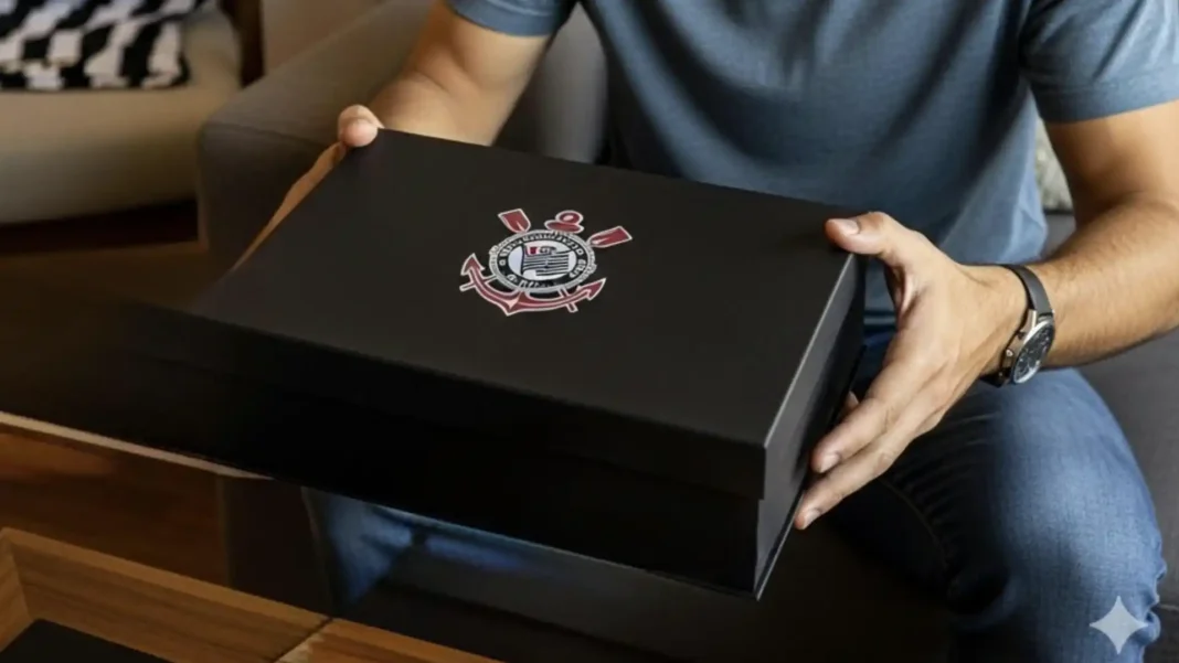 Uma pessoa segurando uma caixa preta com o escudo do Corinthians estampado.