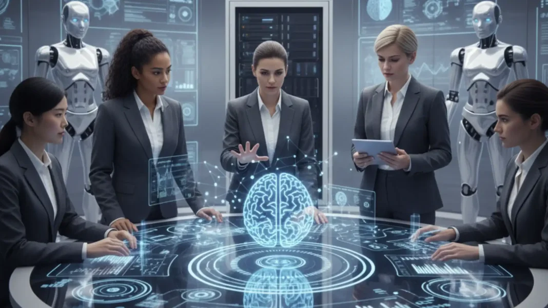 Um grupo de mulheres profissionais está reunido em uma sala de alta tecnologia, com telas holográficas exibindo dados e diagramas relacionados à inteligência artificial.